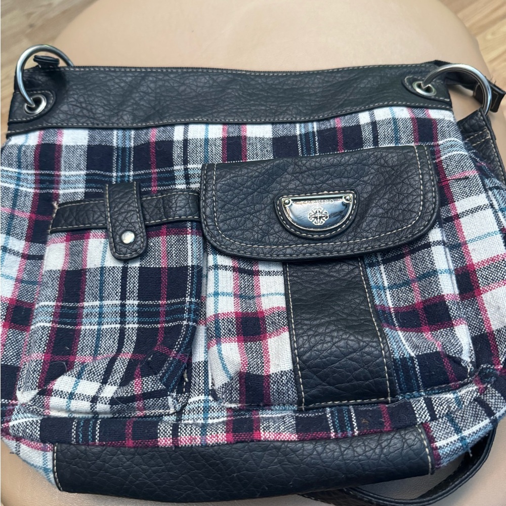 Plaid Leather Trim Shoulder Bag